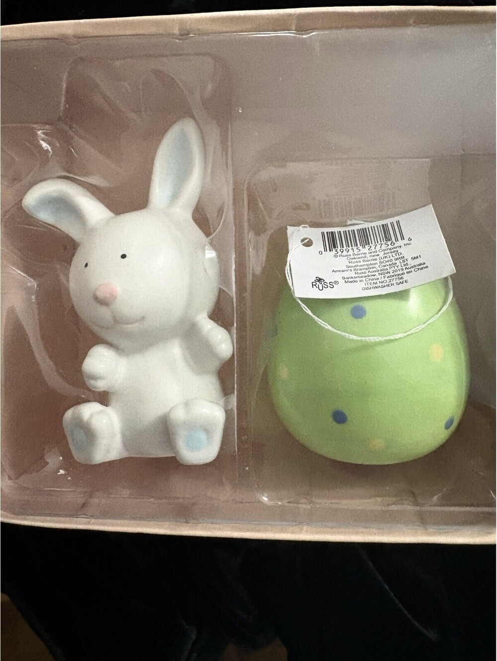Vintage Russ Berrie Easter Bunny and egg salt and pepper shakers stoneware NIB